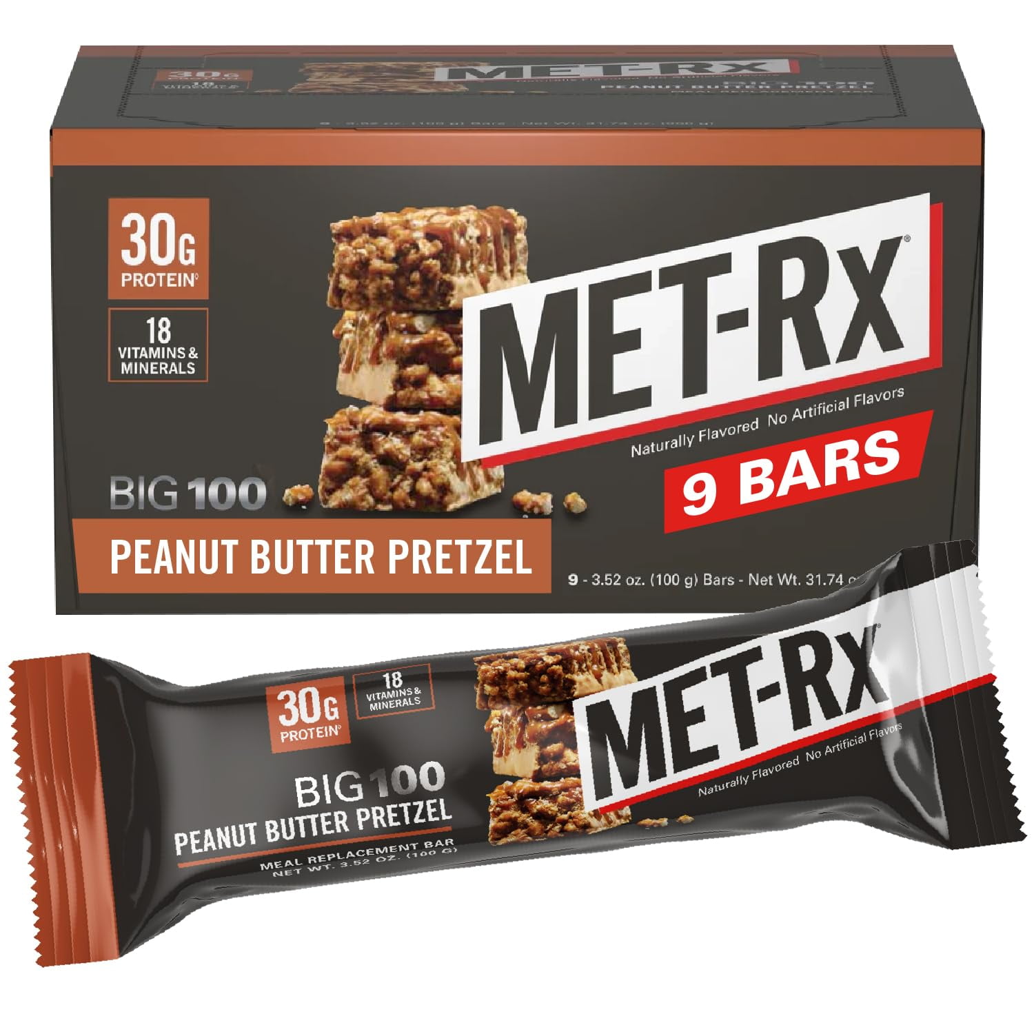 MET-Rx Big 100 FEV6Colossal Protein Bars, Great as Healthy Meal Replacement, Snack, and Help Support Energy, Peanut Butter Pretzel, With Vitamin A, Vitamin C, and Zinc, 100 g, (Pack of 9)