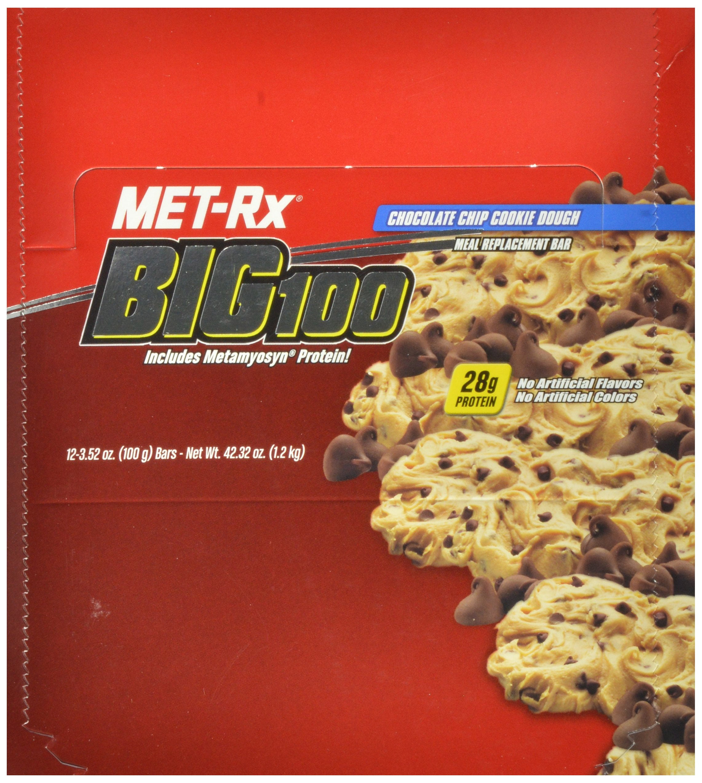 MET-Rx Big 100 FEV6Meal Replacement Bar, Chocolate Chip Cookie Dough, 3.52-Ounce Bars (Pack of 12)