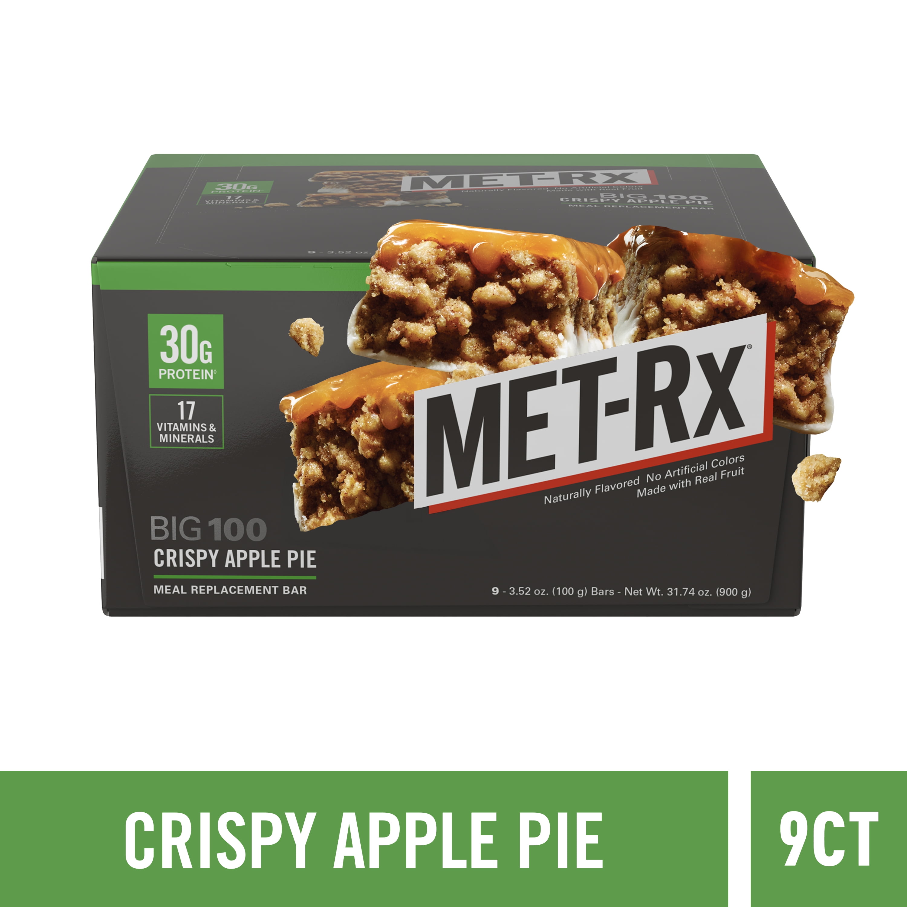 MET-Rx Big 100 High Protein Meal Replacement Bar, Crispy Apple Pie, 9 Pack