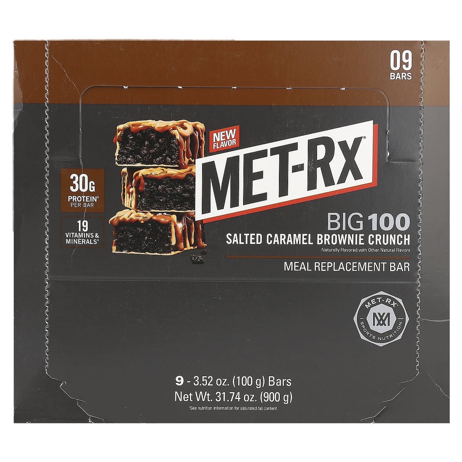 MET-Rx, Big 100, Meal Replacement Bar, Salted Caramel Brownie Crunch , 9 Bars, 3.52 oz (100 g) Each Pack of 2