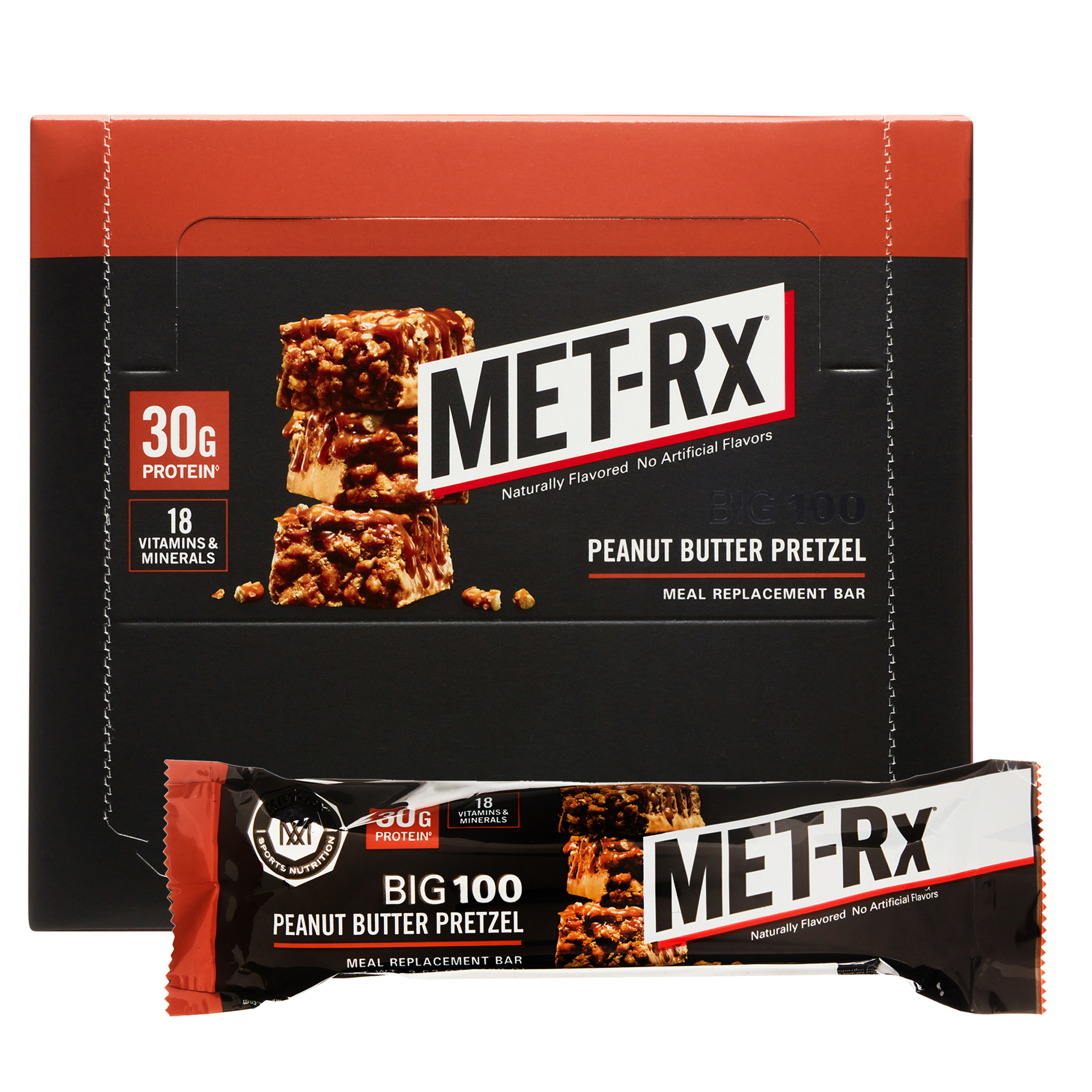 MET-Rx Big 100 Protein Bar, Peanut Butter Pretzel, 30g Protein, 9 Ct - image 1 of 11