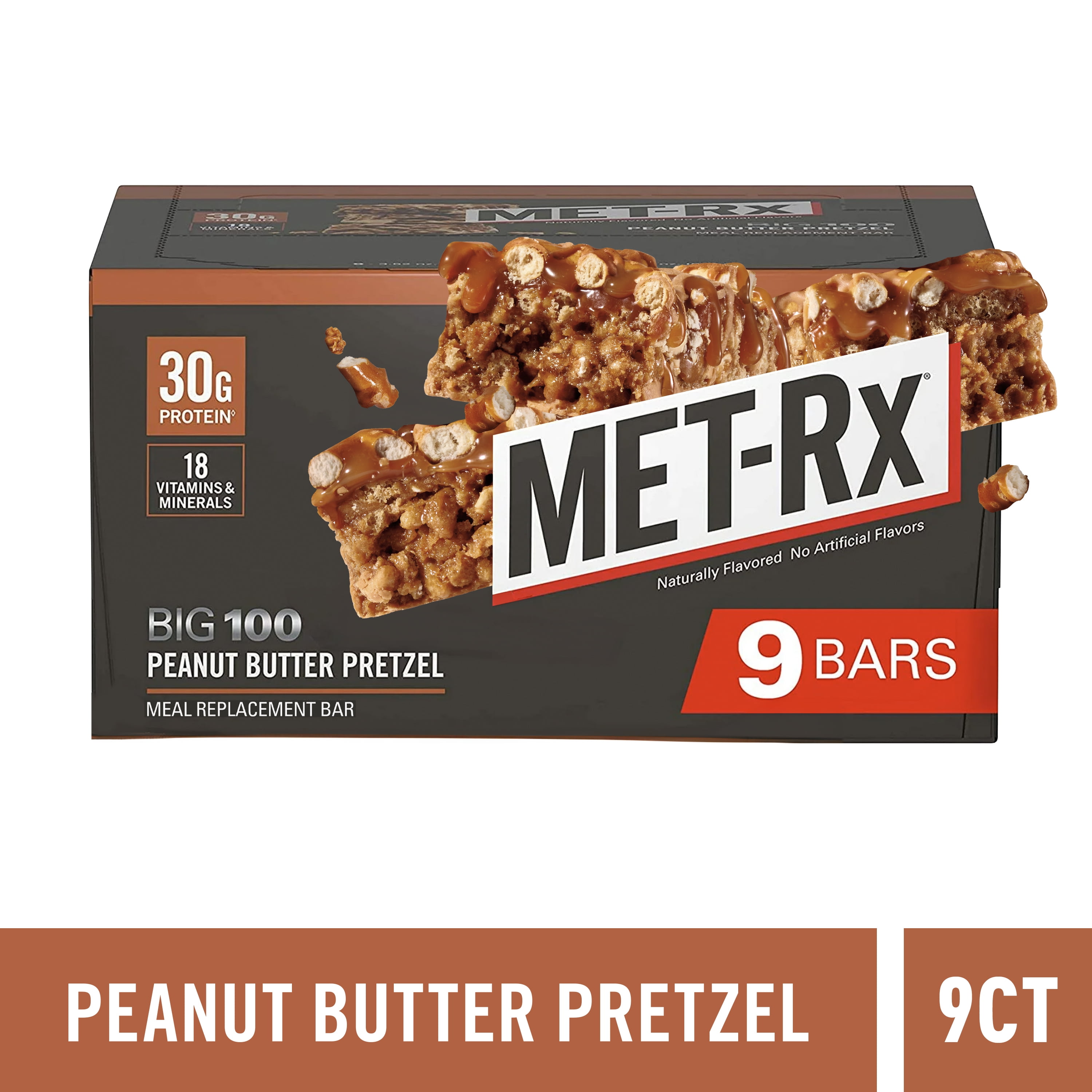 MET-Rx Big 100 Protein Bar, Peanut Butter Pretzel, 30g Protein, 9 Ct