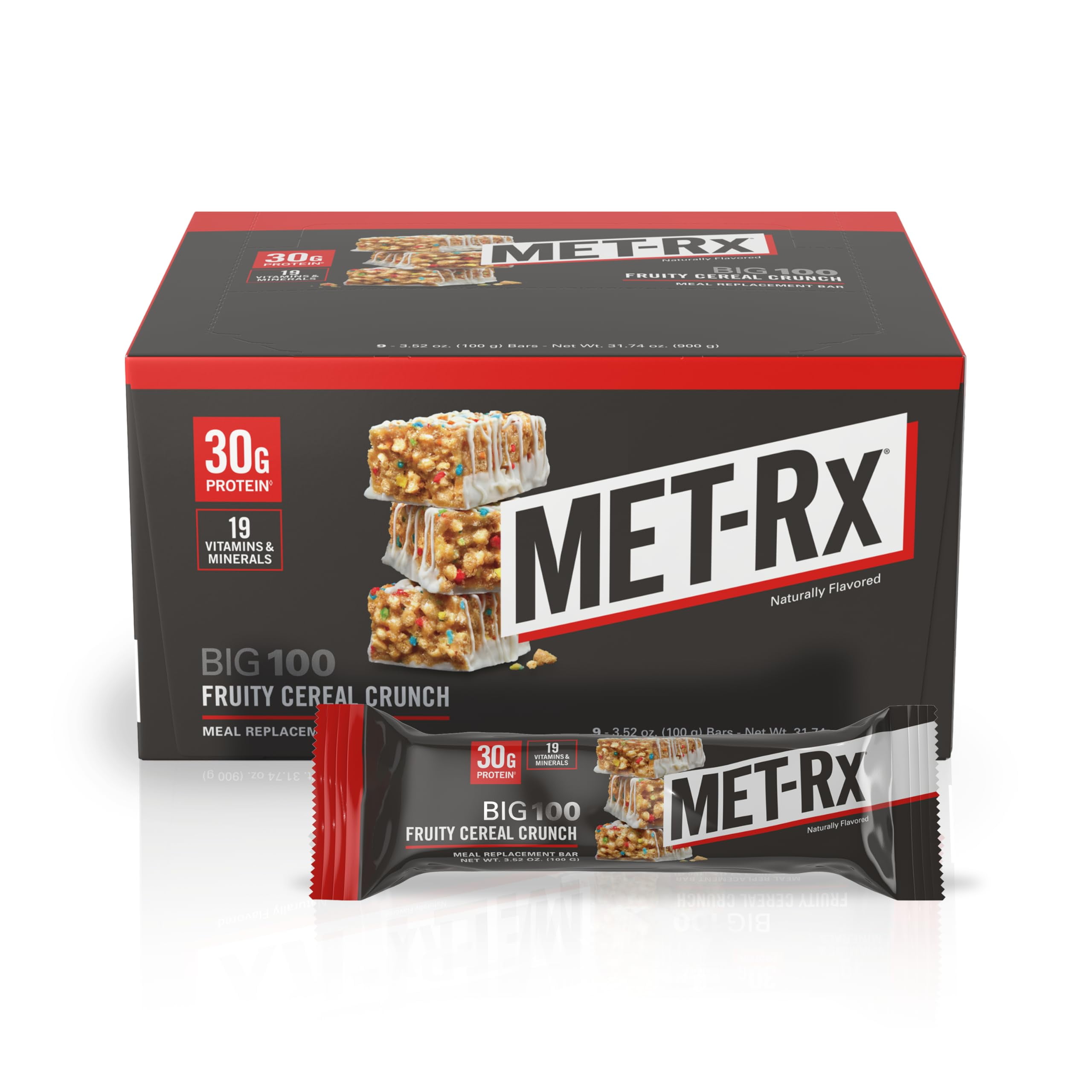 MET-Rx Big 100 Protein Bars, Fruity Cereal, 100g, Pack of 9, 30g Protein, Meal Replacement, Metamyosyn Blend, Vitamins A & C, Zinc, Post Workout SnackRDC14