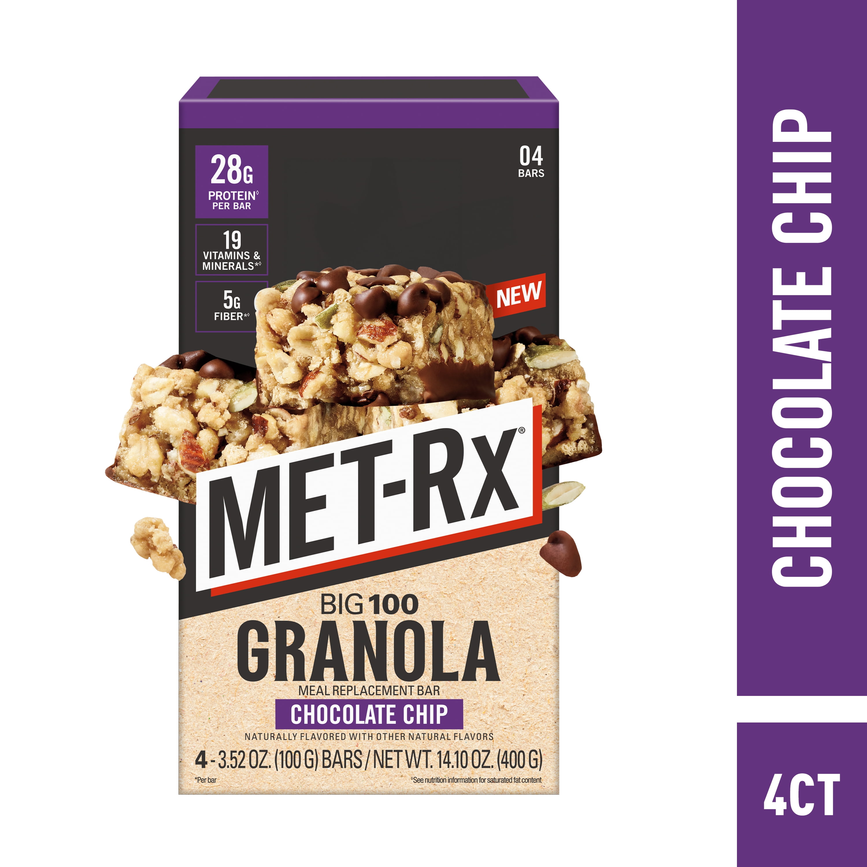 MET-Rx Big 100 Protein Bars, Granola Chocolate Chip Meal Replacement Bars, 4 Ct