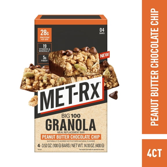 MET-Rx Big 100 Protein Bars, Granola Peanut Butter Meal Replacement Bars, 4 Ct
