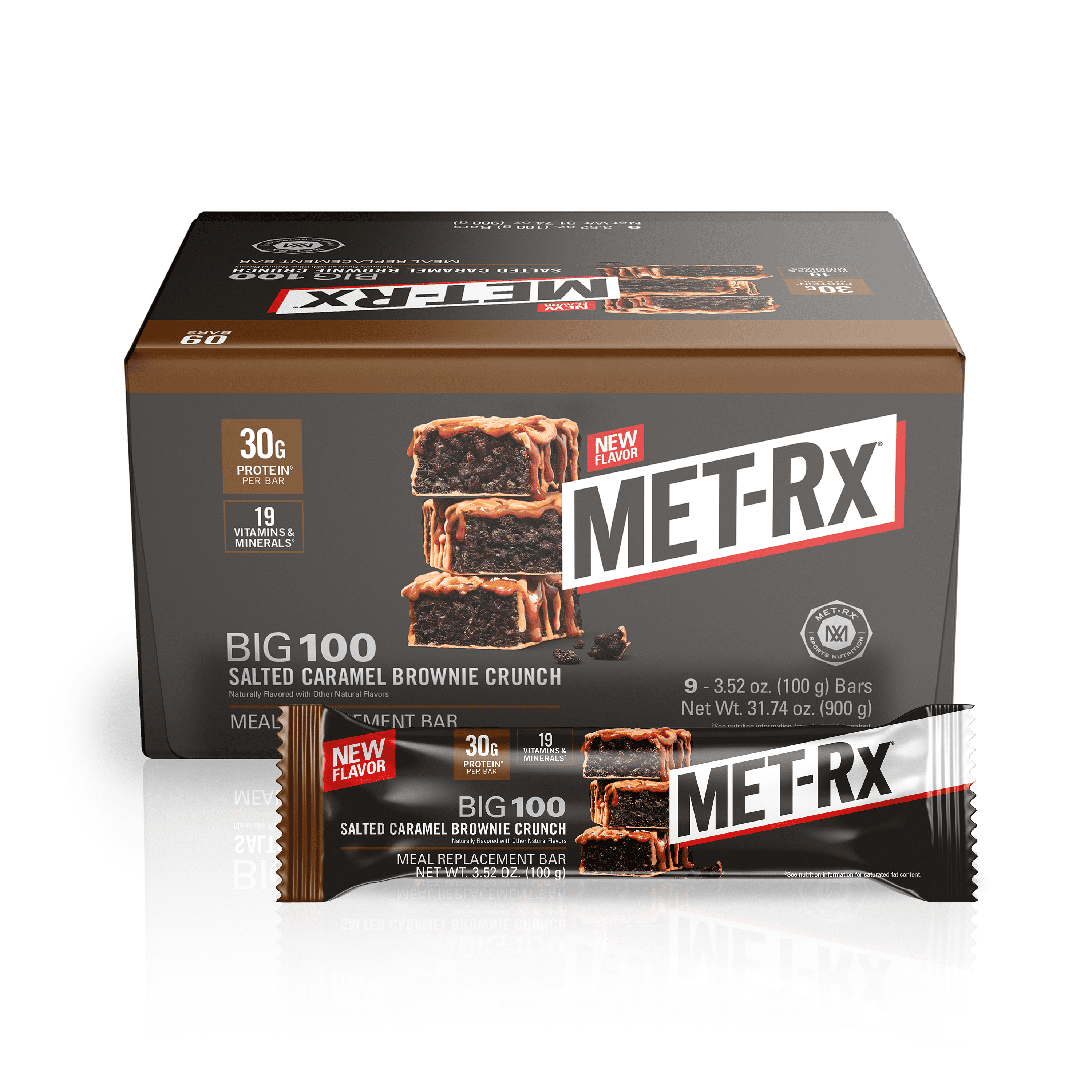 MET-Rx Big 100 Salted Caramel Brownie Crunch Bar, 30 G Protein, 3.52 oz, 9 Ct