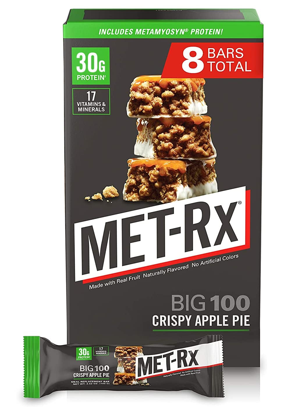 MET-Rx Big 100EGSCProtein Bar, Meal Replacement, 30G Protein, Gluten Free, Crispy Apple Pie, 3.52 oz. ea, 8 Count (Packaging May Vary)
