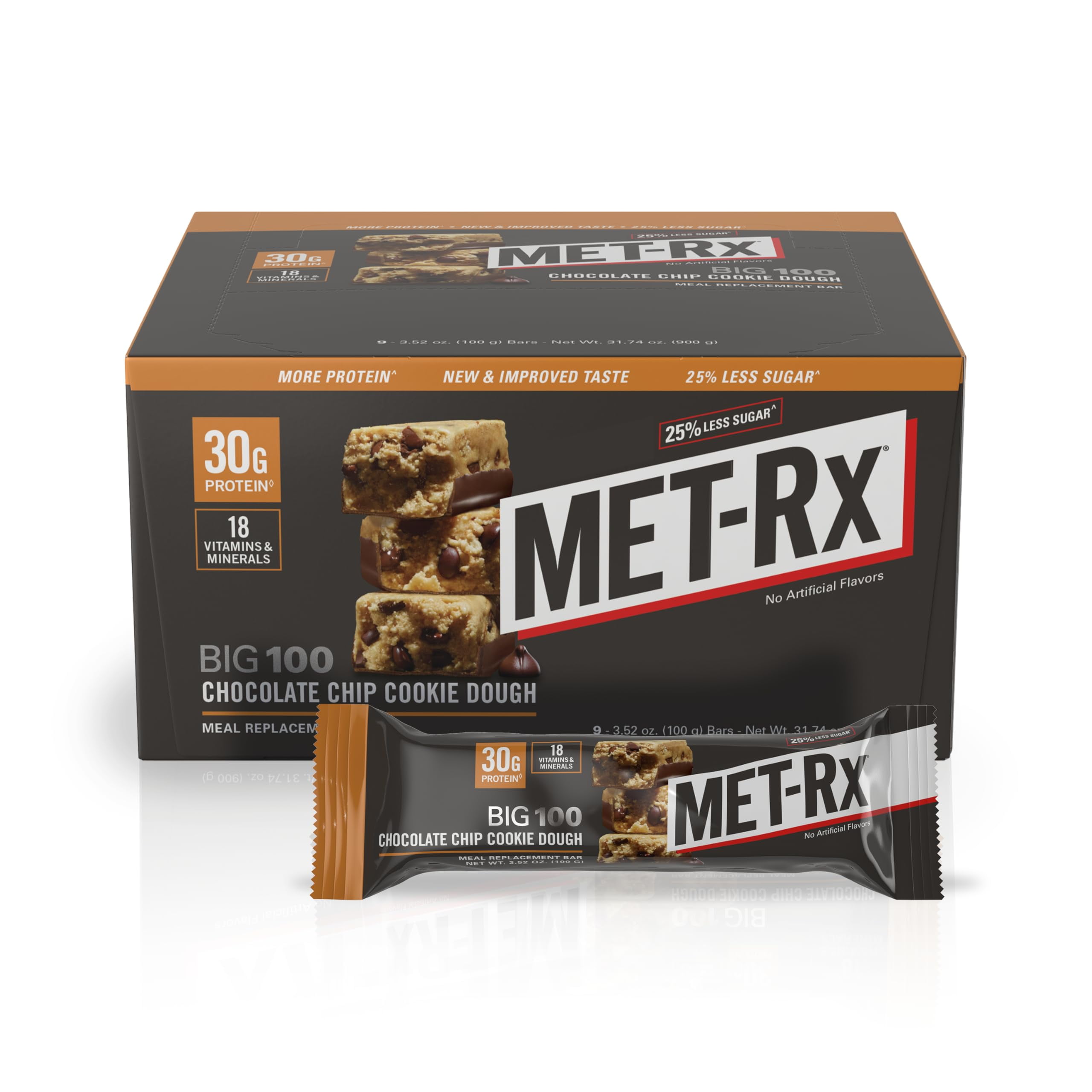 MET-Rx Big 100ITSCColossal Protein Bars, Chocolate Chip Cookie Dough Meal Replacement Bars, 9 Count (Pack of 1)