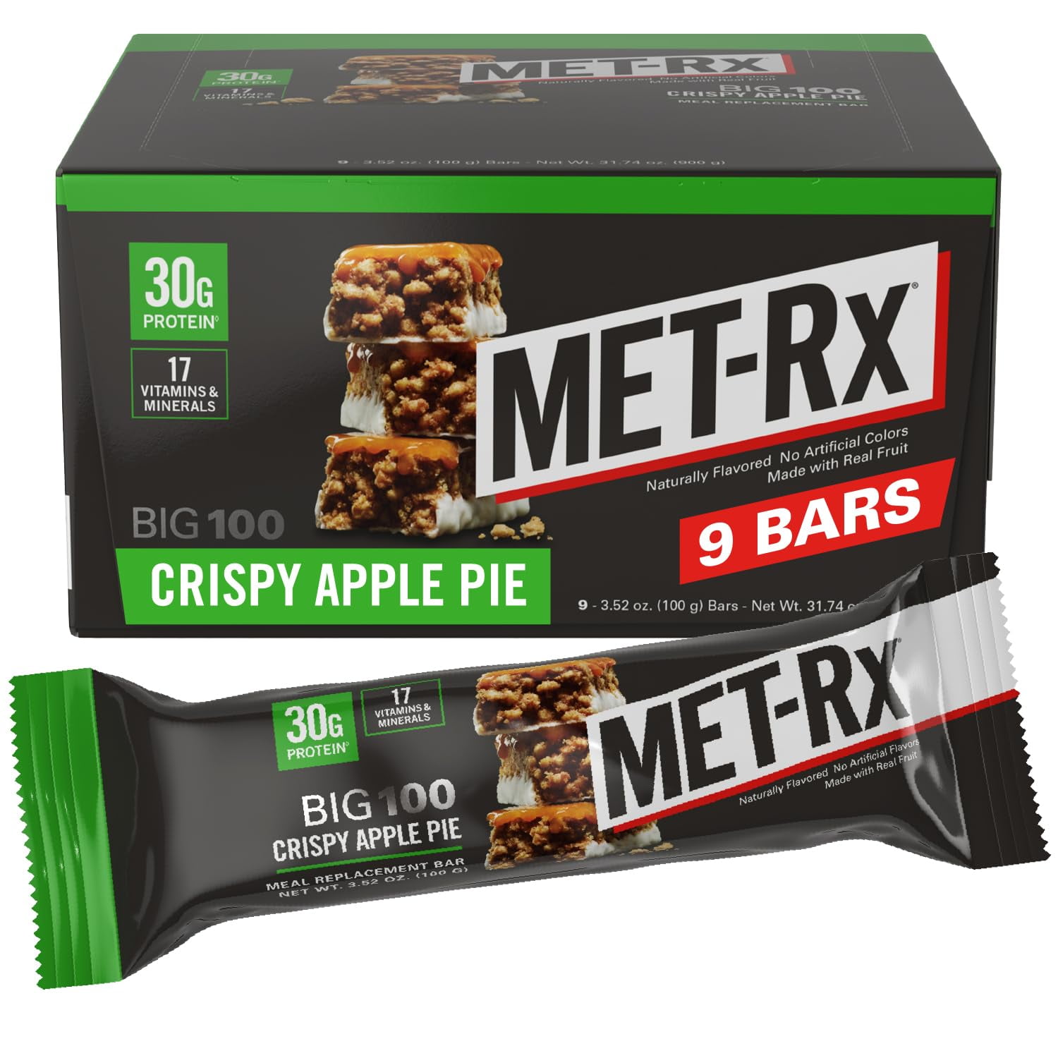 MET-Rx Big 100UMRTColossal Protein Bars, Crispy Apple Pie Meal Replacement Bars, 9 Count