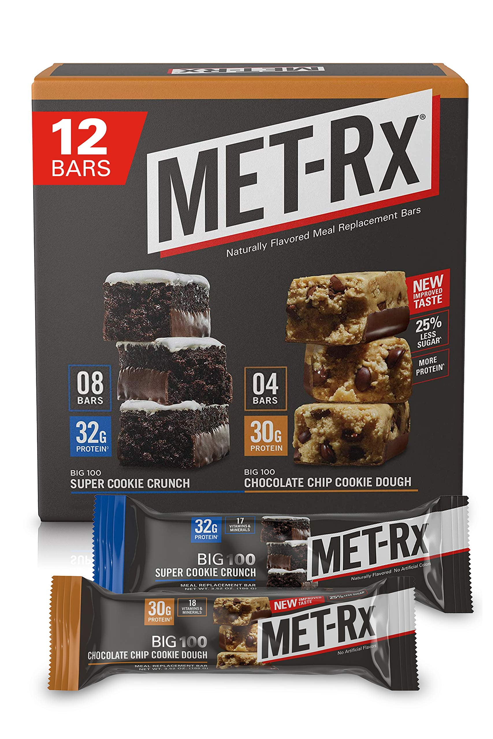 MET-Rx Big 100ITSCProtein Bars, Meal Replacement Bars, Variety Pack - Super Cookie Crunch and Chocolate Chip Cookie Dough Bars, 12 Count, 3.52 Oz.