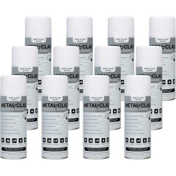 METAL-CLAD Paints For Industry Industrial Enamel, Aerosol Spray Paint - Steel Metal Iron Machinery - Case of 12 (Semi-Gloss White) 2-S-2607CS