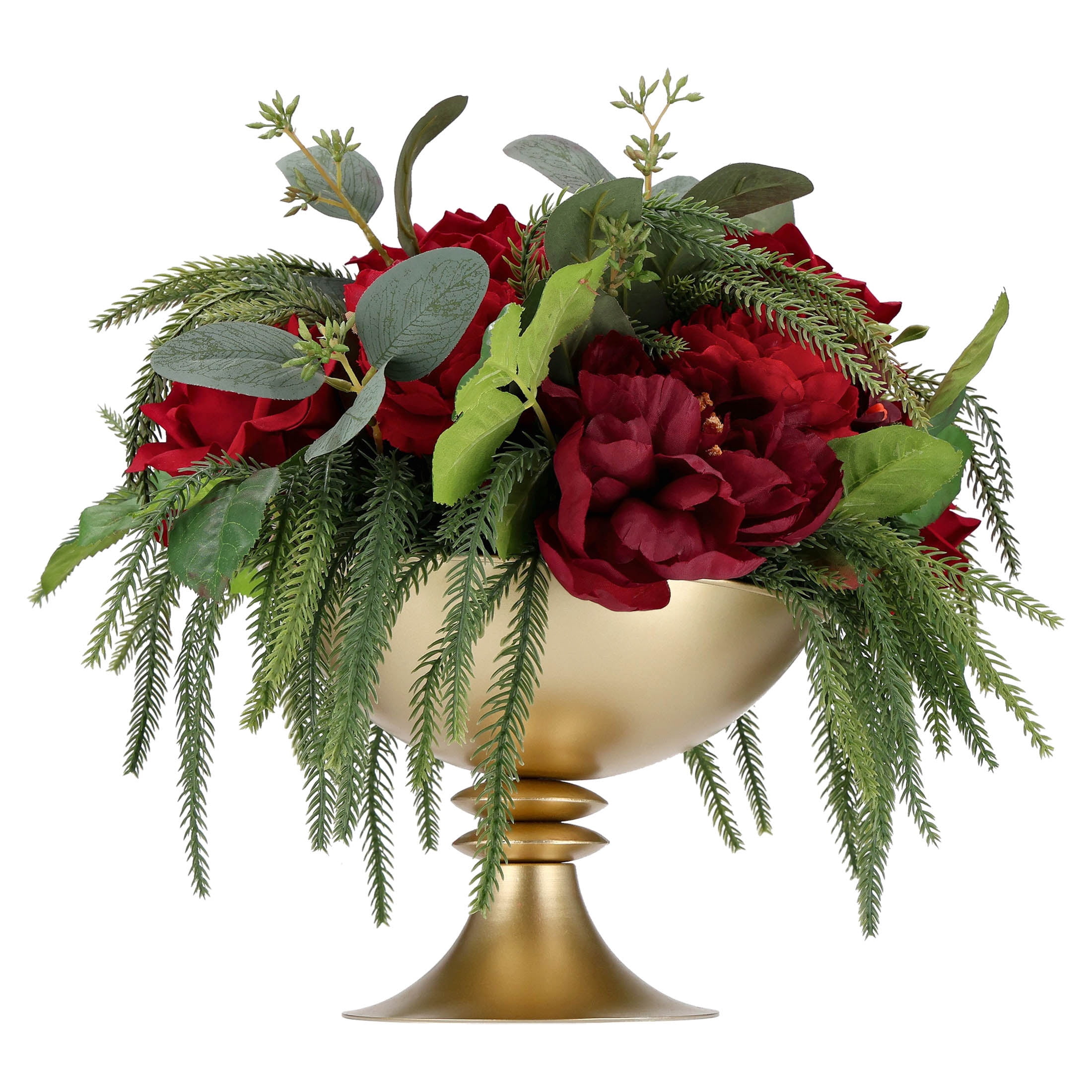 Evergreen and Floral Christmas Arrangement in Metal Pot, Multicolor, 14", by Holiday Time