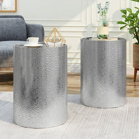 METAL SIDE TABLE WITH HAMMERED SURFACE AND IRON FRAME (SET OF 2)