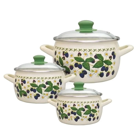 METALAC Blackberry Enamel Stockpot Set of 3 pcs 2.3Qt/3.2Qt/5.6Qt Enameled Steel Stock Pots with Glass Lids Cooking Induction Pot Soup Pots