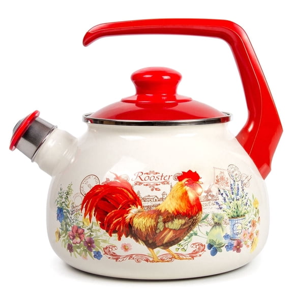 METALAC Golden Rooster Enamel Whistling Kettle with Ergonomic Handle 2.7 Qt (2.5 L) Stovetop Kettle Vintage Tea Pot for Stove Top Enamelware Kitchen Teapot, Red