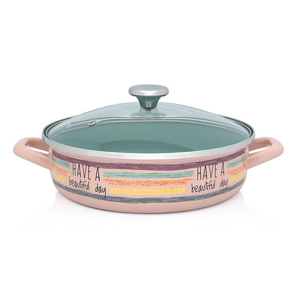 METALAC Have a Beautiful Day Enamel Low Cooking Pot with Glass Lid 4.2 Qt (4 L) Enameled Steel Stockpot for Cooking Induction Soup Pot Low Casserole