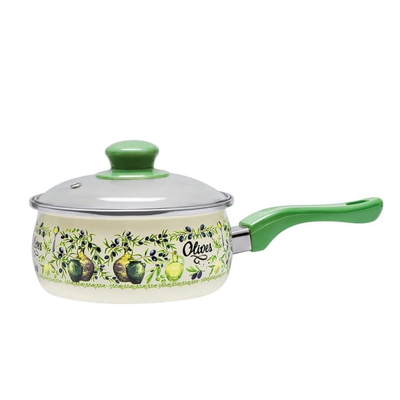 METALAC Olives Enamel Saucepan with Glass Lid 1.75 Qt (1.65 L) Enameled Steel Pot Sauce Pan, Green