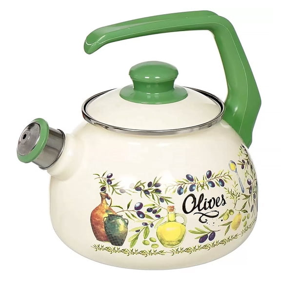 METALAC Olives Enamel Whistling Kettle with Ergonomic Handle 2.7 Qt (2.5 L) Stovetop Kettle Vintage Tea Pot for Stove Top Enamelware Kitchen Teapot, Green
