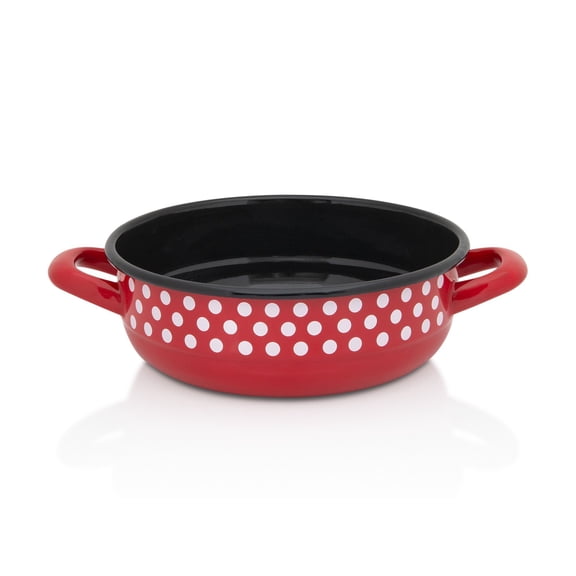 METALAC Polka Dot Enamel Baking and Serving Dish with Handles 2.2 Qt (2.1 L) Enameled Steel Bowl Casserole, Red