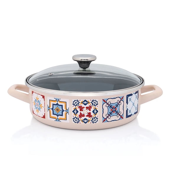 METALAC Porto Mediterranean Enamel Low Cooking Pot with Glass Lid 4.2 Qt (4 L) Enameled Steel Stock Pot for Cooking Induction Soup Pot, Ivory Blue and Red