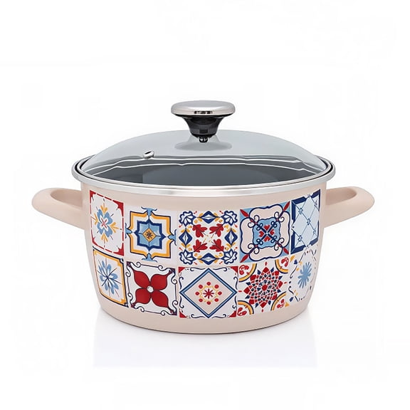 METALAC Porto Mediterranean Enamel Stockpot with Glass Lid 6.3 Qt (6 L) Enameled Steel Stock Pot for Cooking Induction Soup Pot, Ivory Blue and Red