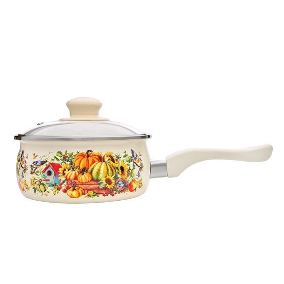 METALAC Pumpkin Enamel Saucepan with Glass Lid 1.95 Qt (1.85 L) Enameled Steel Pot Sauce Pan