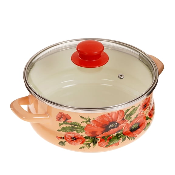 METALAC Red Poppy Enamel Stockpot with Glass Lid 3.7 Qt (3.5 L) Enameled Steel Stock Pot for Cooking Induction Soup Pot