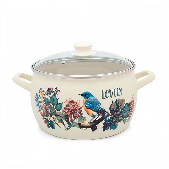 METALAC Songbird Enamel Stockpot with Glass Lid 5.7 Qt (5.4 L) Enameled Steel Stock Pot for Cooking Induction Soup Pot, Ivory and Blue