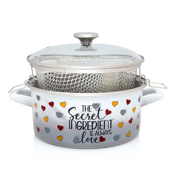 METALAC The Secret Ingredient Enamel Cooking Pot with Frying Basket 4.65 Qt (4.4 L) Enameled Steel Stockpot with Glass Lid Induction Soup Pot