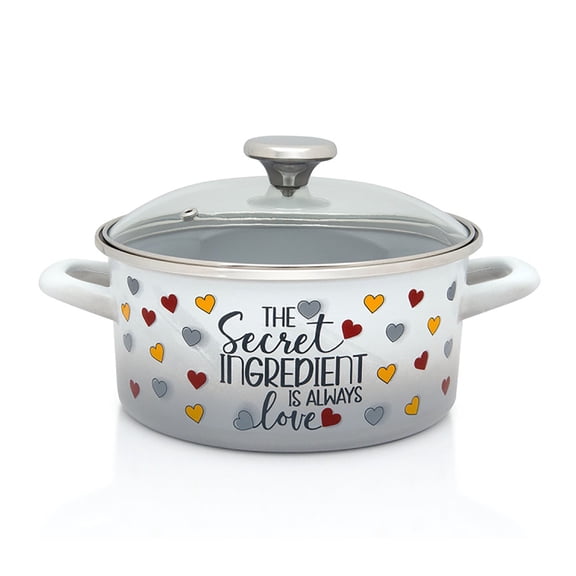 METALAC The Secret Ingredient Enamel Stockpot with Glass Lid 3 Qt (2.8 L) Enameled Steel Stock Pot for Cooking Induction Soup Pot, Ivory Blue and Red