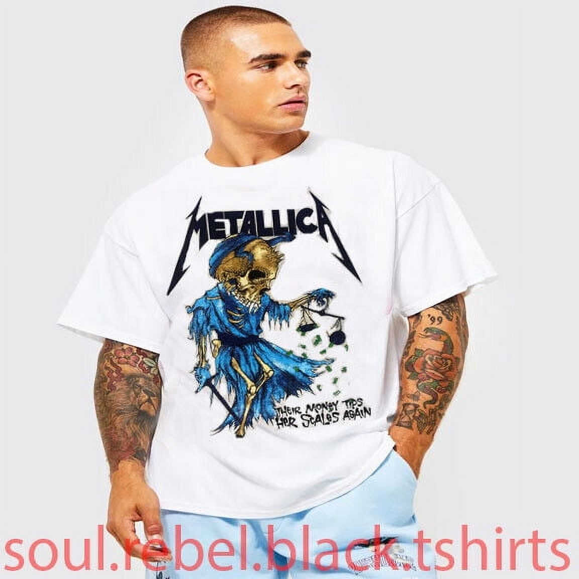 METALLICA THEIR MONEY TIPS HER SCALES AGAIN HARD ROCK TRASH METAL WHITE T SHIRTS