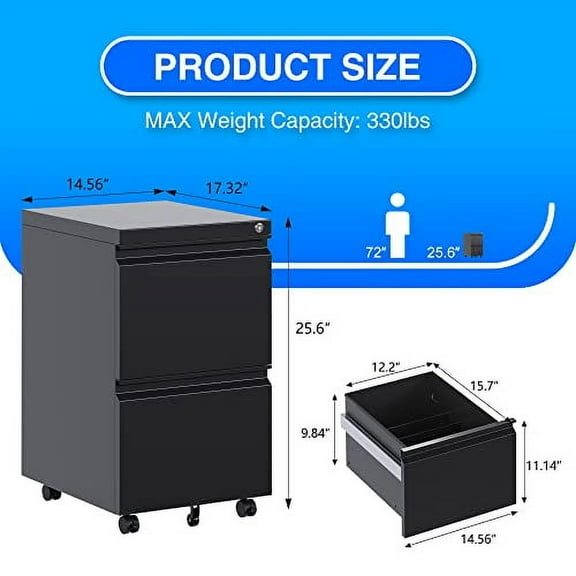METAN 2 Drawer Vertical File Cabinet with Lock, Mobile Metal Filing Cabinet for Legal/Letter Size, Office Storage File Cabinet Under Desk, Fully Assembled Except Wheels, Black