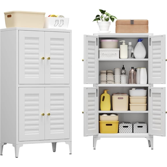 METAN Bathroom Storage Cabinet,Metal Storage Cabinets with 2 Adjustable Shelves and 4 Doors,Assembly Required,White
