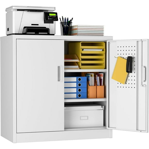 METAN Metal Storage Cabinet with Pegboards, 31.5 Inches Garage Storage Cabinet with 2 Locking Doors and 2 Adjustable Shelves for Office,Garage, Home, Assemble Required,White