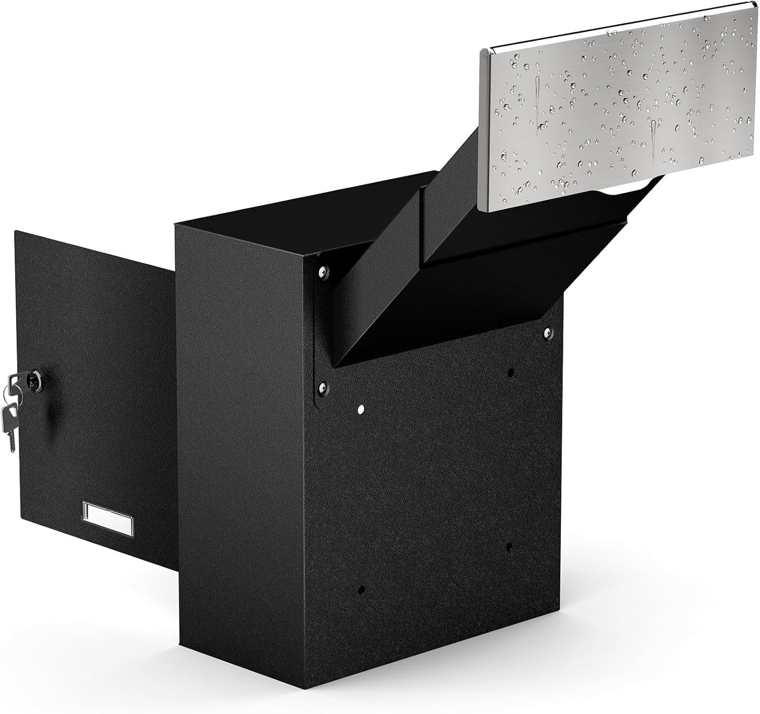 Metateel Through-The-Wall Drop Box with Rainproof Slots, 12.28''x6.4''x14.87'', Heavy Duty Steel Mailbox with Key Lock and 6.63"-11.7" Adjustable Chute, for Mail, Checks, Letters, Cash (Black)