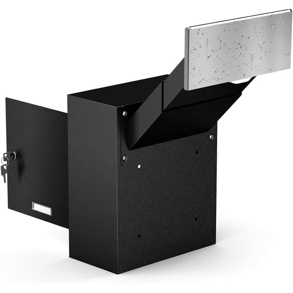 Metateel Through-The-Wall Drop Box with Rainproof Slots, 12.28''x6.4''x14.87'', Heavy Duty Steel Mailbox with Key Lock and 6.63"-11.7" Adjustable Chute, for Mail, Checks, Letters, Cash (Black)
