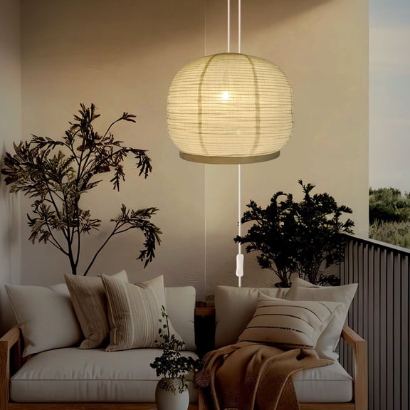 METHEDEECO 18" Plug-in Pendant Light, Linen & Bamboo Hanging Lamp with 15.9 ft White Cord, E26 Base, UL Listed, Beige