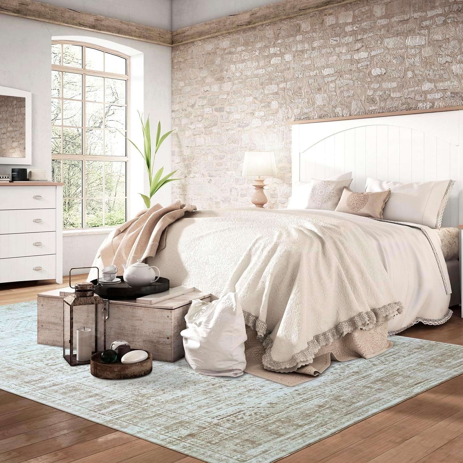 METSAVAIM 5x7 Area Rug - Ultra Soft Vintage Beige Area Rug for Bedroom, Living Room & Office | Non-Slip Machine Washable Rugs, Ideal for Indoor & Outdoor Use