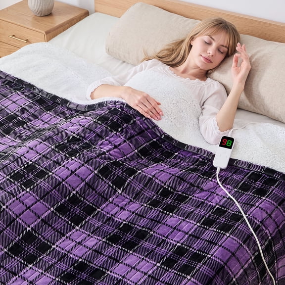 MEUDYT Electric Heated Blanket for Adult, 50.1"x60.1" Soft Flannel Heating Blanket with 10 Heating Levels & 8 Hours Auto Off,Purple Plaid
