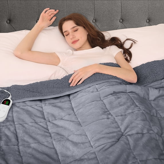 MEUDYT Heated Weighted Blanket for Adults, Flannal Sherpa Electric Weighted Blankets, 50.1"x 60.1", 13lbs, Light Grey