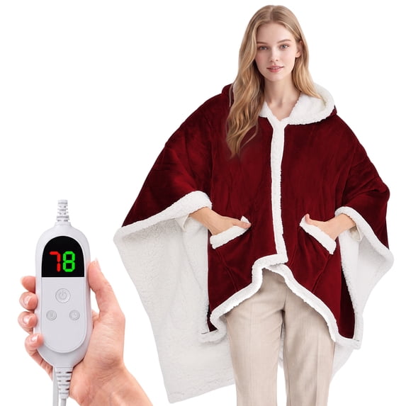 MEUDYT Wearable Heated Throw Blanket for Adult, Electric Heated Wrap Poncho Shawl with Pockets, 6 Heating Levels & 2 to 10 Hours Time Settings, 50.1" x 60.1", Burgundy