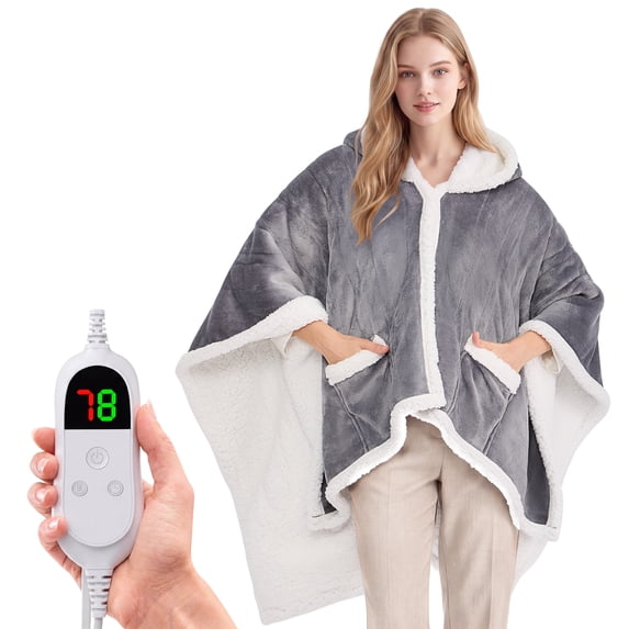 MEUDYT Wearable Heated Throw Blanket for Adult, Electric Heated Wrap Poncho Shawl with Pockets, 6 Heating Levels & 2 to 10 Hours Time Settings, 50.1" x 60.1", Gray