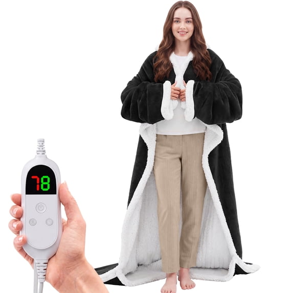 MEUDYT Wearable Heated Throw Blanket for Adult, Electric Heated Wrap Poncho Shawl with Pockets, 6 Heating Levels & 2 to 10 Hours Time Settings, 50.1" x 70.1", Black