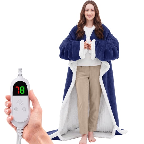 MEUDYT Wearable Heated Throw Blanket for Adult, Electric Heated Wrap Poncho Shawl with Pockets, 6 Heating Levels & 2 to 10 Hours Time Settings, 50.1" x 70.1", Blue