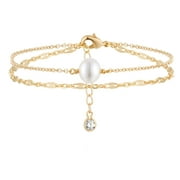 MEVECCO 14K Gold Plated Handmade Beaded Freshwater Cultured Pearls Tiny Charm Bracelet for Women