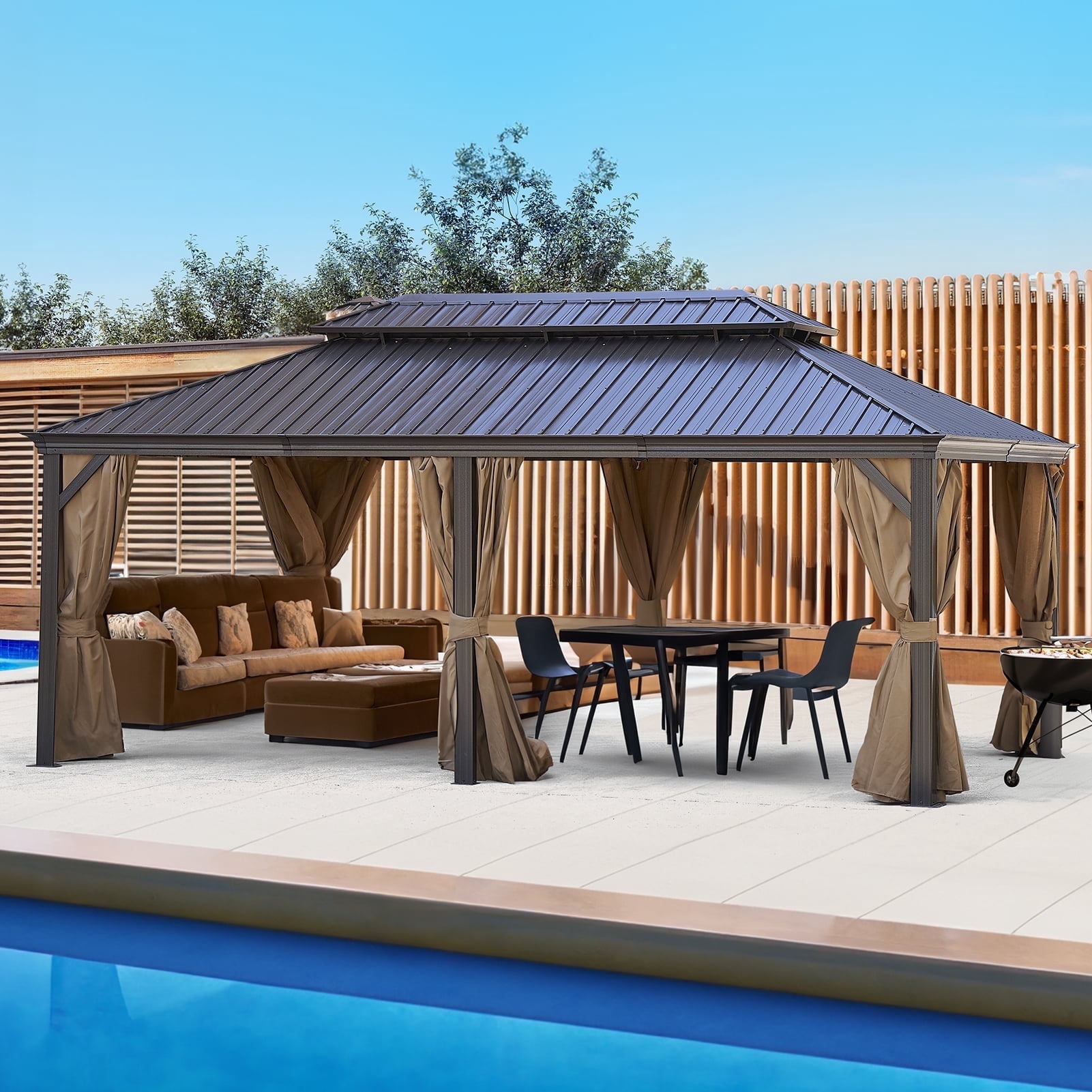 MEWANG 12'x 20'Outdoor Hardtop Gazebo, Double Roof Metal Canopy Gazebo with Aluminum Frame,Backyard Gazebo with Curtains and Nettings for Patios, Gardens, Parties.