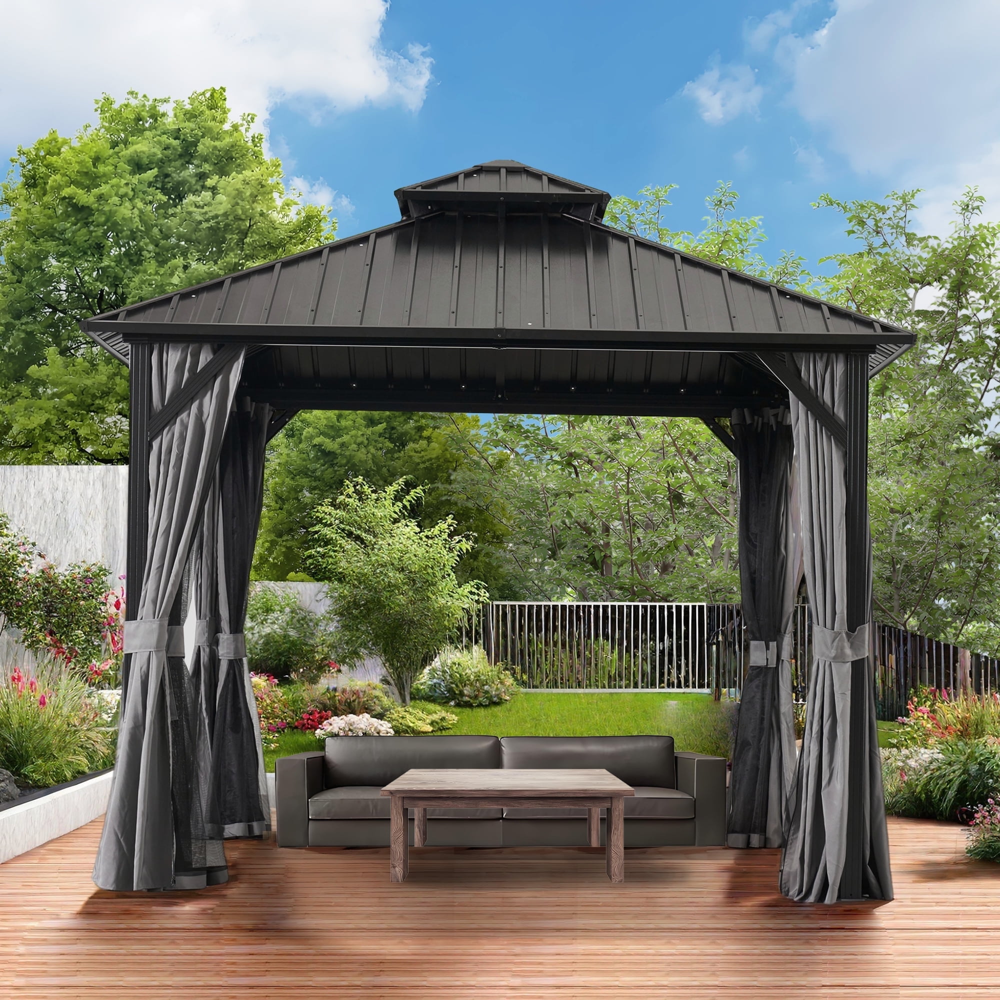 MEWANG 12x12 ft Gazebo Double Roof Canopy with Netting and Curtains, Outdoor Gazebo 2-Tier Hardtop Galvanized Iron Aluminum Frame Garden Tent for Patio, Backyard and Lawns