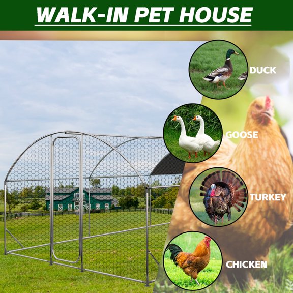 MEWANG Large Metal Chicken Coop with Run, 19.7x9.8x6.6ft, Walkin Poultry Cage for Yard with Waterproof Cover, Dome Roof Large Poultry Cage for Hen House, Duck and Rabbit, Silver