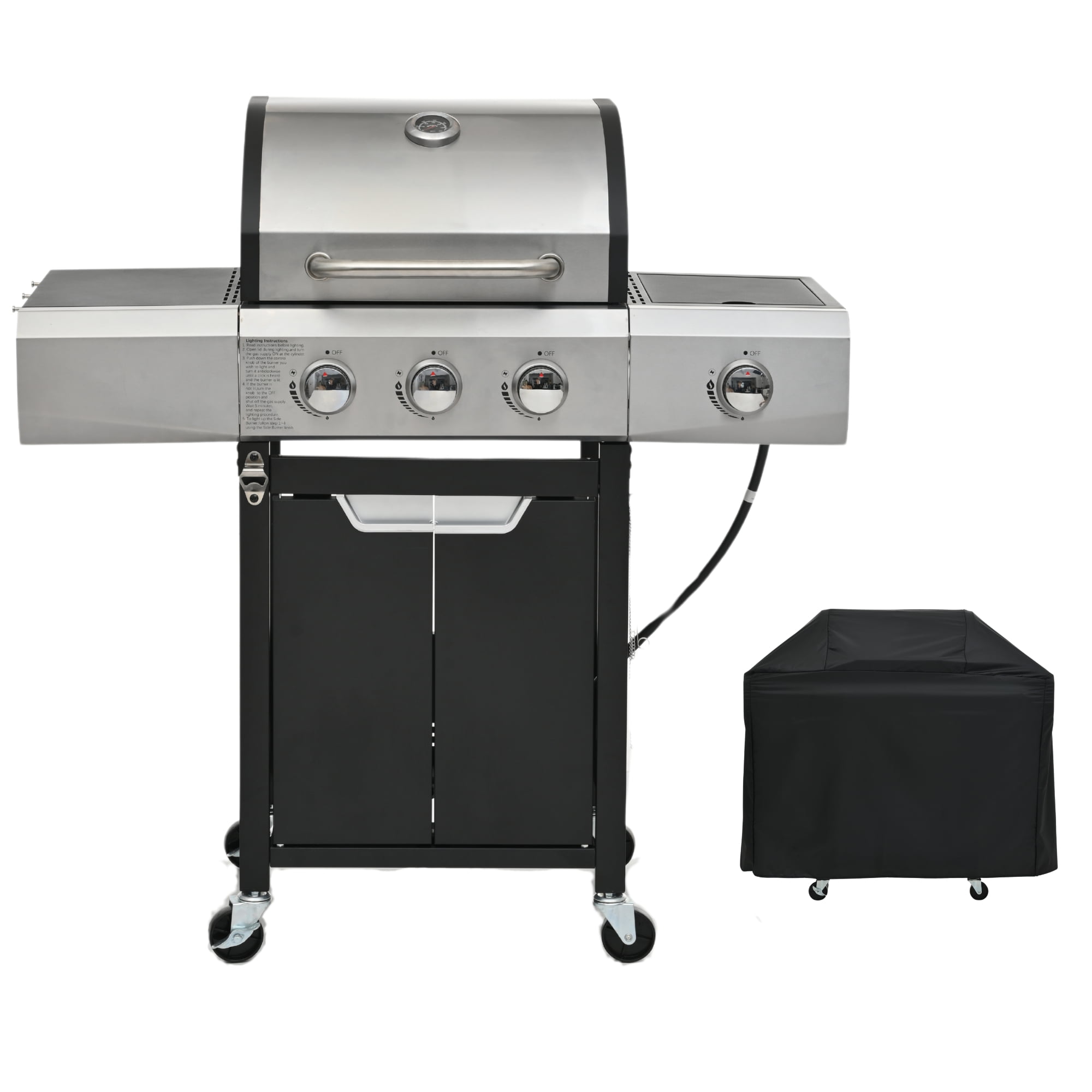 Stainless Steel 3-Burner Propane Gas Grill with Side Burner and Cover