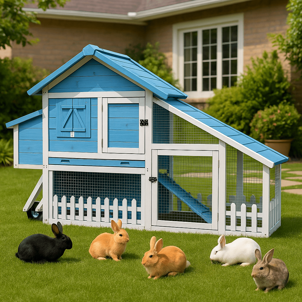 MEWANG Wooden Rabbit Hutch with Wheels, Outdoor Large Bunny Cage with Run, Blue and White Small Animal House with Weatherproof Roof and Pull-Out Tray